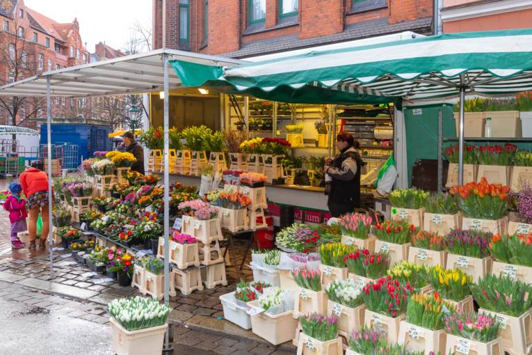 Ein Blumenstand auf dem Lindener Wochenmarkt.